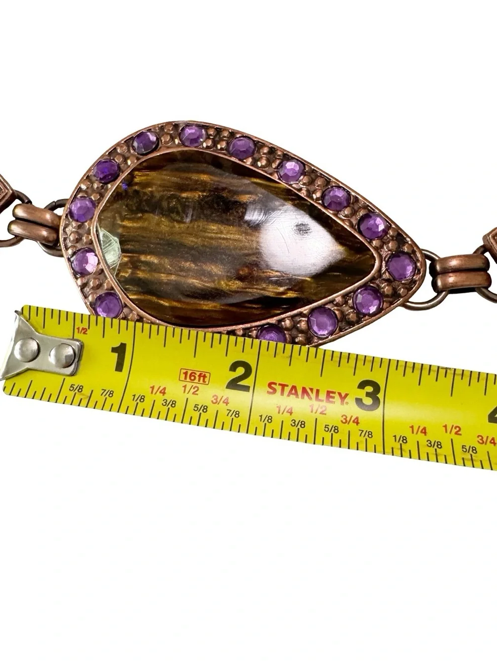Chico’s Tiger Eye Purple Rhinestone Copper Tone Chain Belt